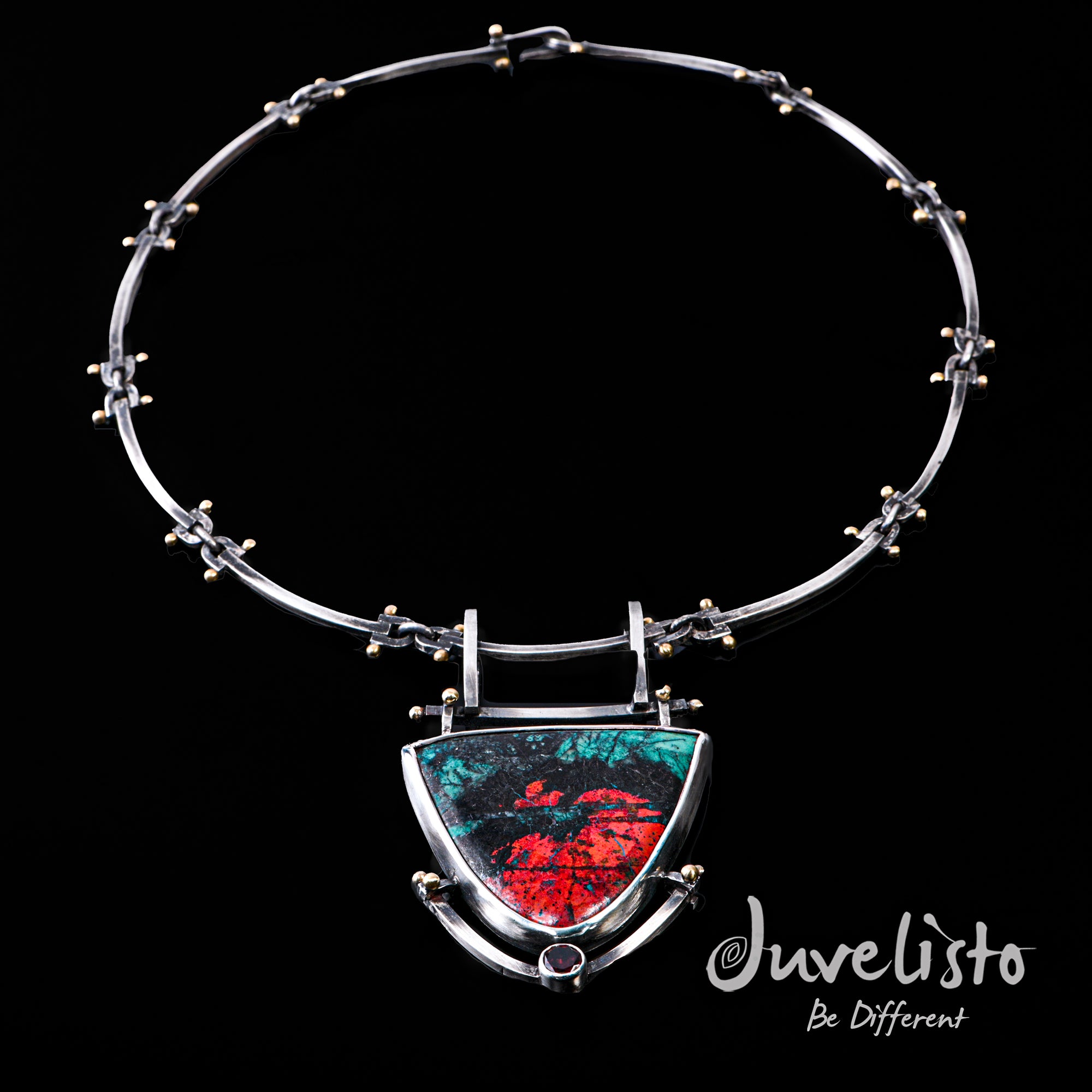 Juvelisto Design Vancouver Silver and Bronze Industrial Statement Necklace with Chrysocolla Cuprite and Garnet