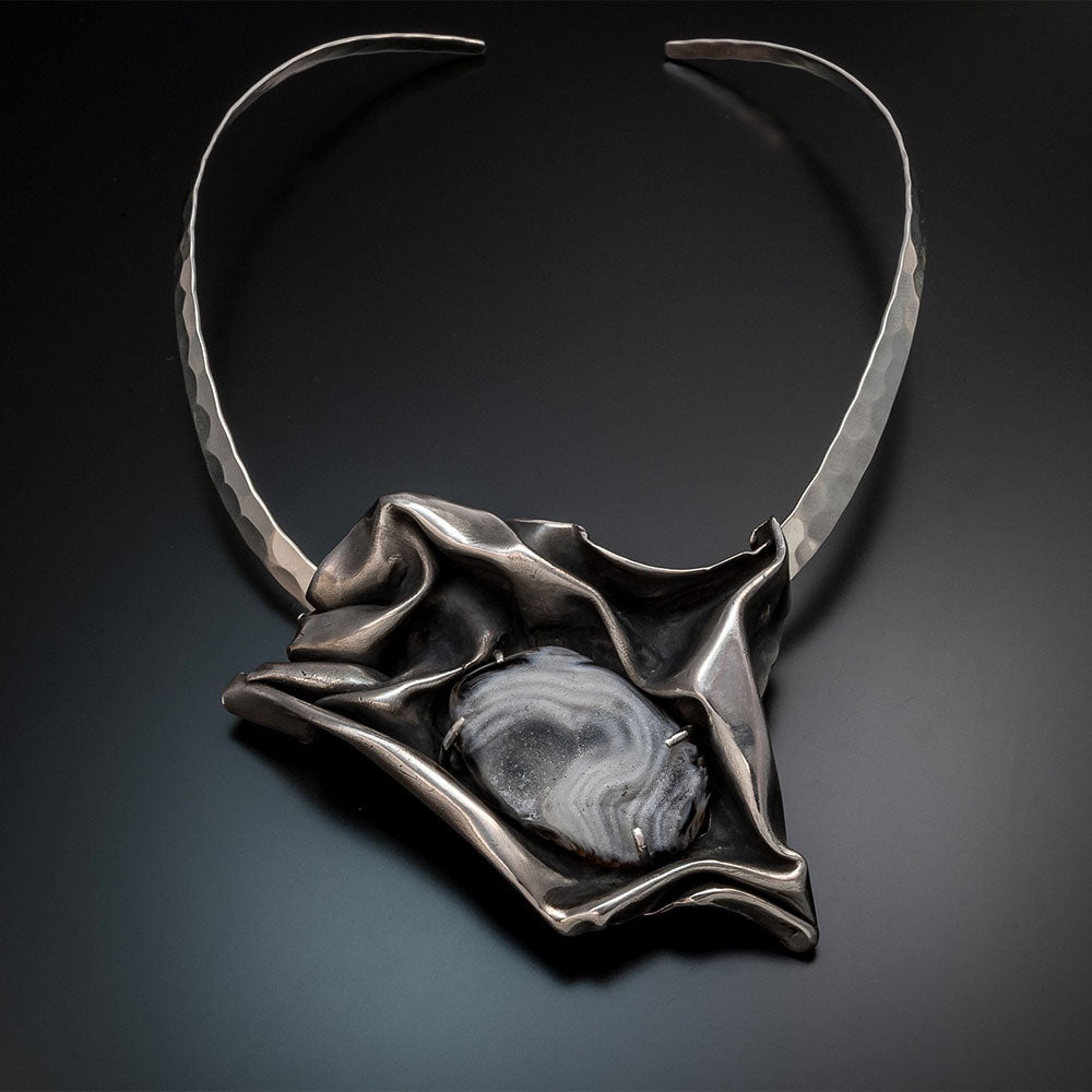 JD Modern Sterling Silver Oxidized Folded Necklace with Druzy Quartz