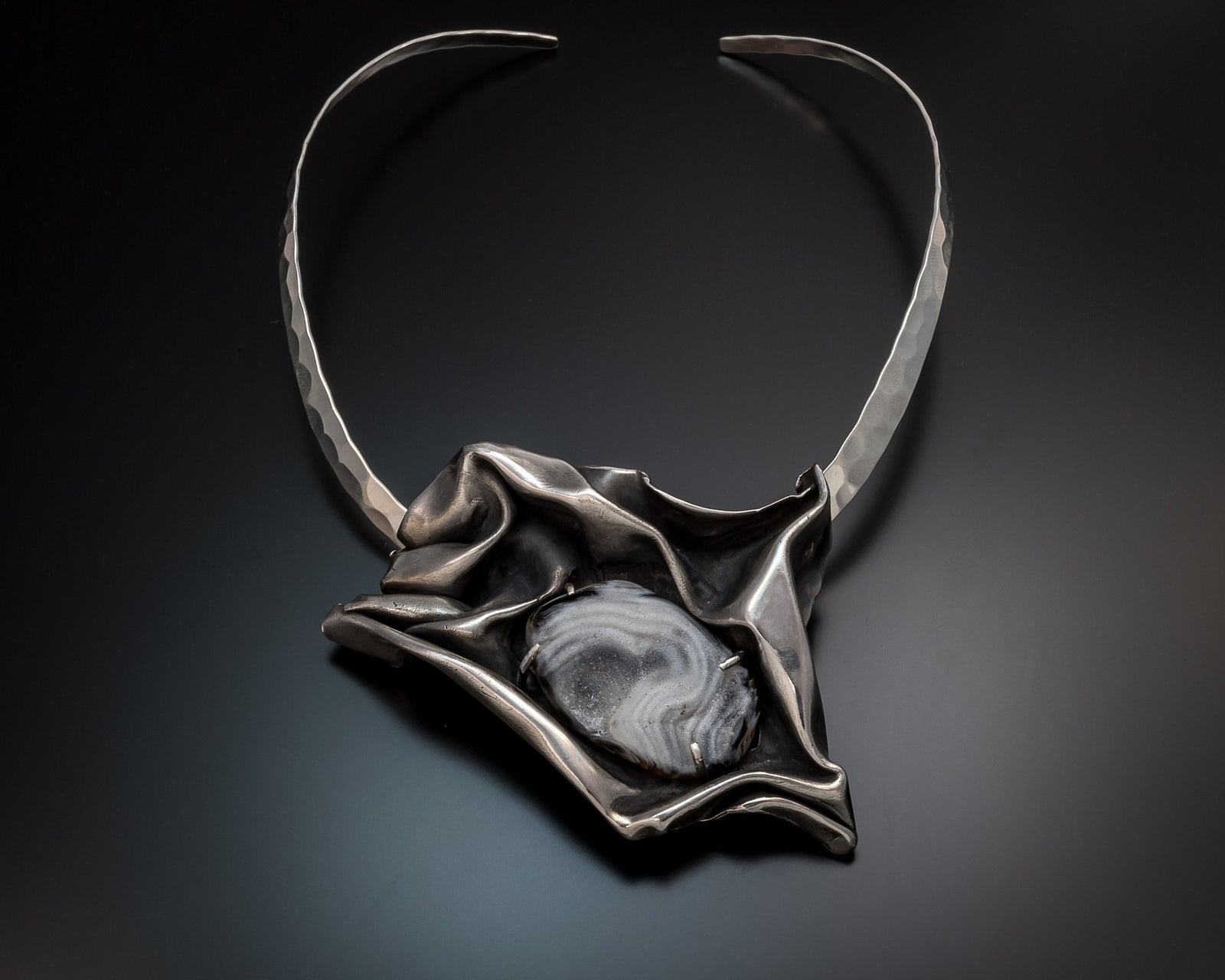 Necklace - JD Modern Sterling Silver Oxidized Folded Necklace With Druzy Quartz JDMOD017