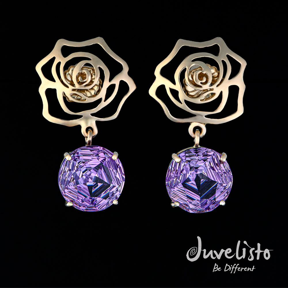 Juvelisto Design | 14K Yellow Gold Rose Earrings with Amethyst Drops
