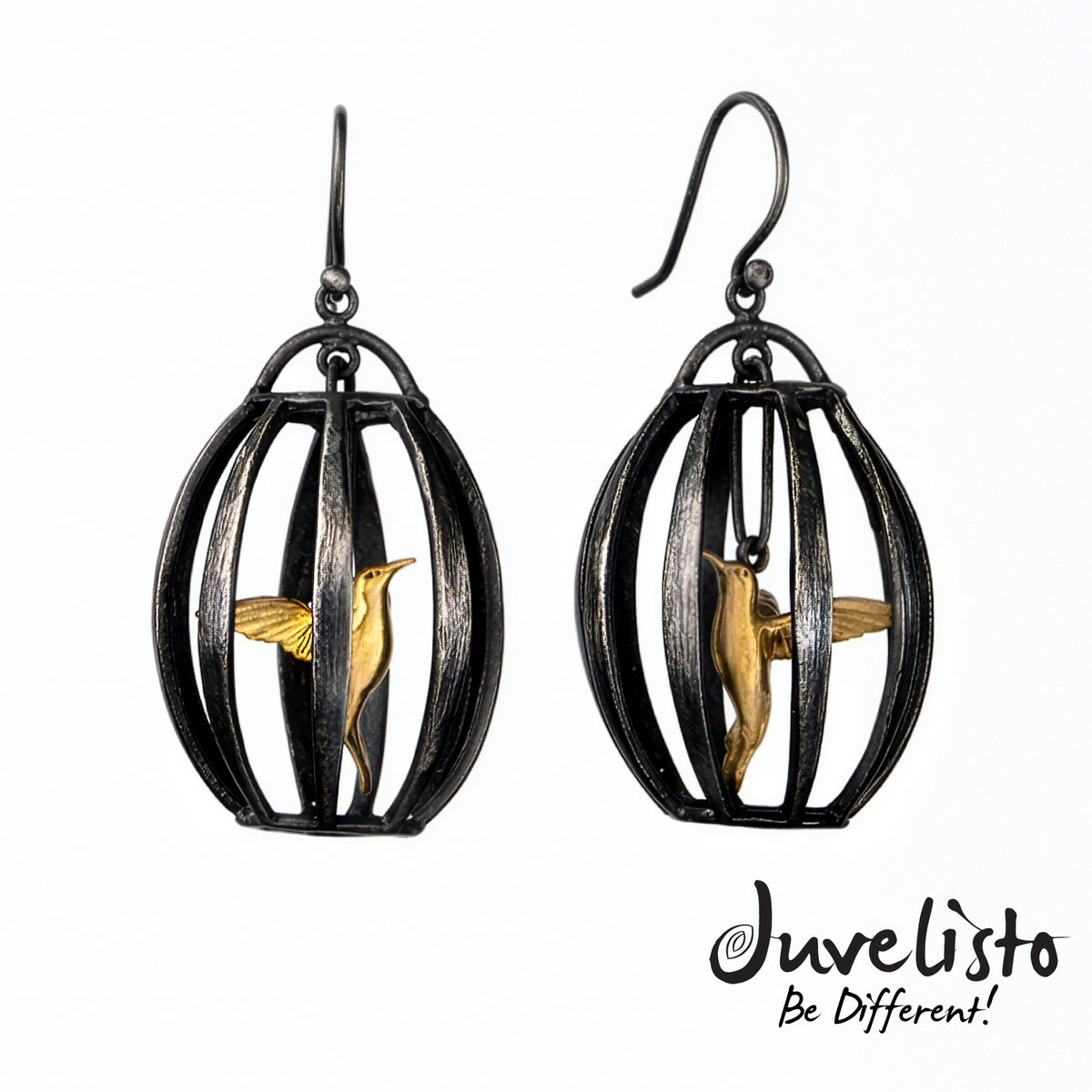 Birdcage earrings with gold birds inside on a white background, Juvelisto brand visible.