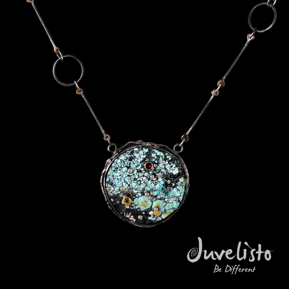 Juvelisto Design | Persian Turquoise Pendant Necklace in Oxidized Silver with Diamonds, Garnet &amp; Sapphire