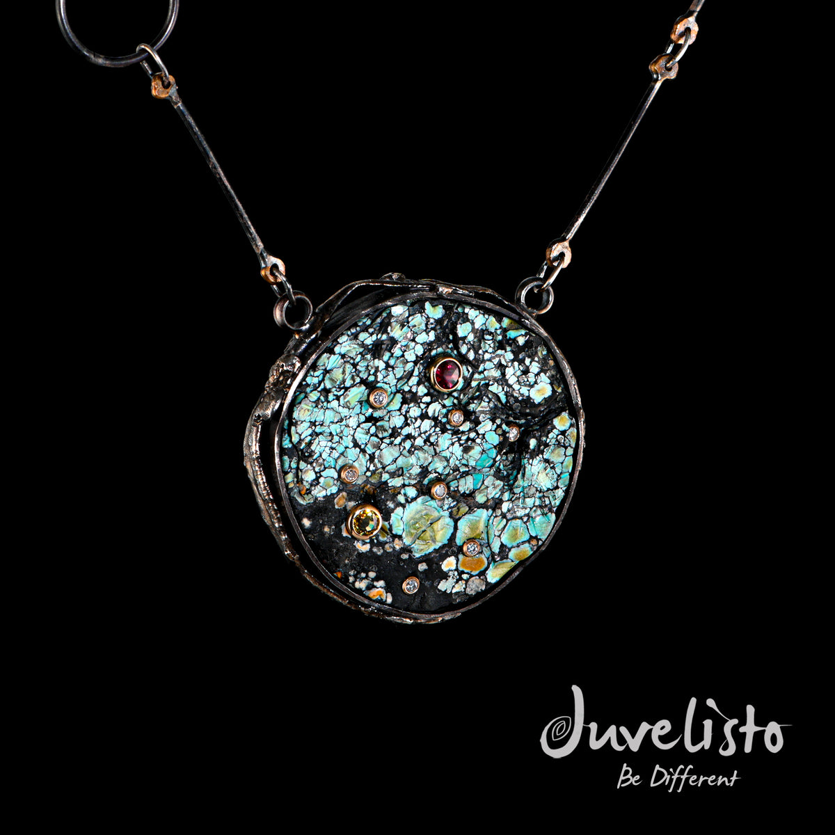 Juvelisto Design | Turquoise Pendant Necklace with Diamonds, Sapphire and Garnet
