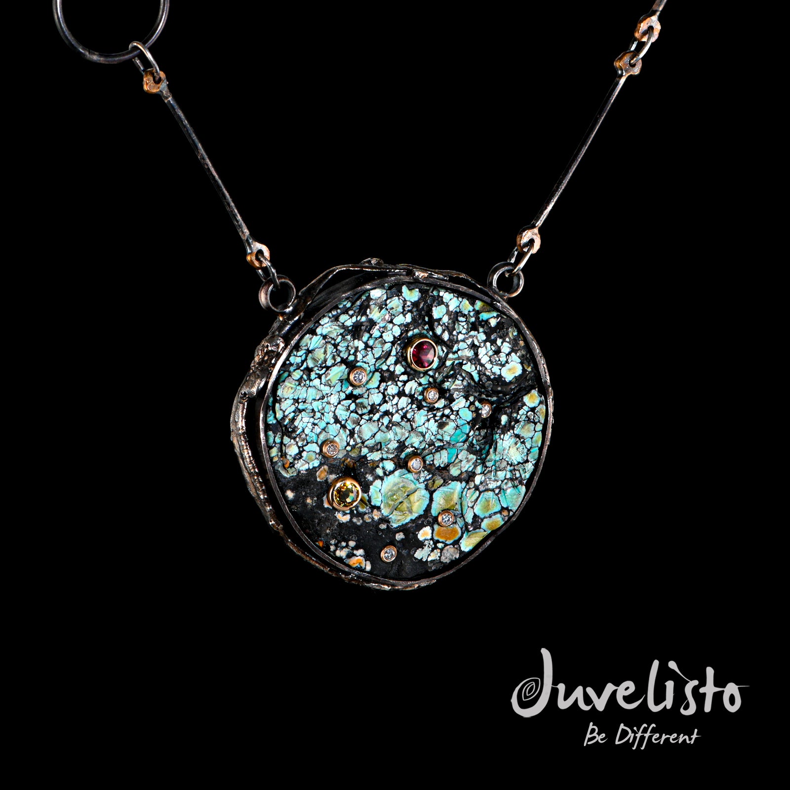 Juvelisto Design | Persian Turquoise Pendant Necklace in Oxidized Silver with Diamonds, Garnet & Sapphire