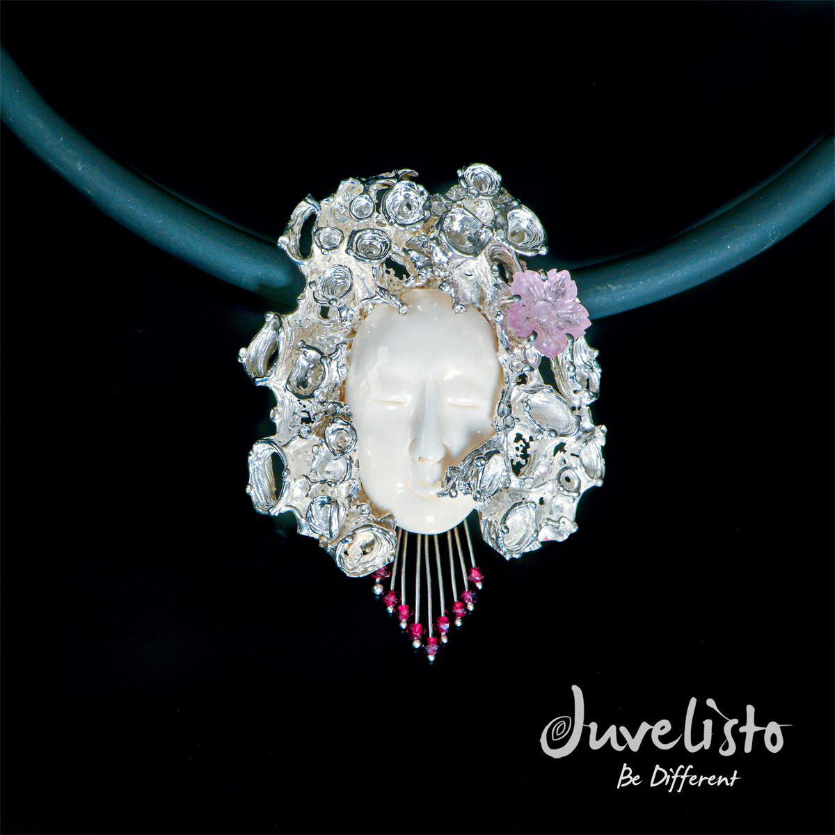 Juvelisto Design  Carved Face Pendant Sterling Silver Hair with Rose Quartz Flower &amp; Garnets