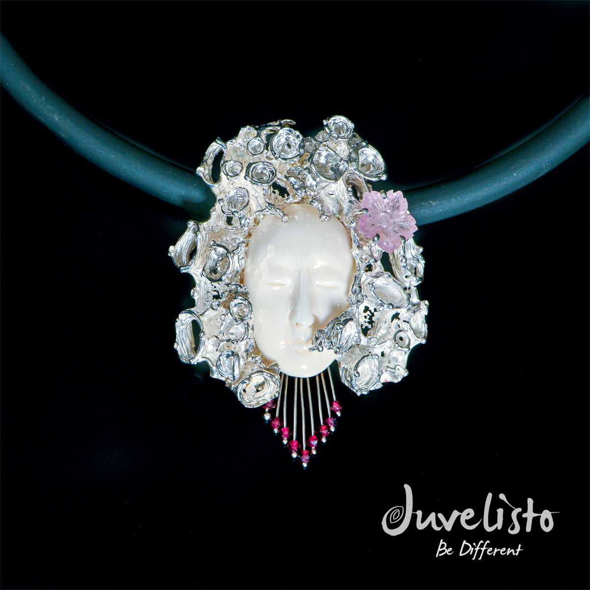 Juvelisto Design | Carved Face Pendant Sterling Silver Hair with Rose Quartz Flower &amp; Garnets