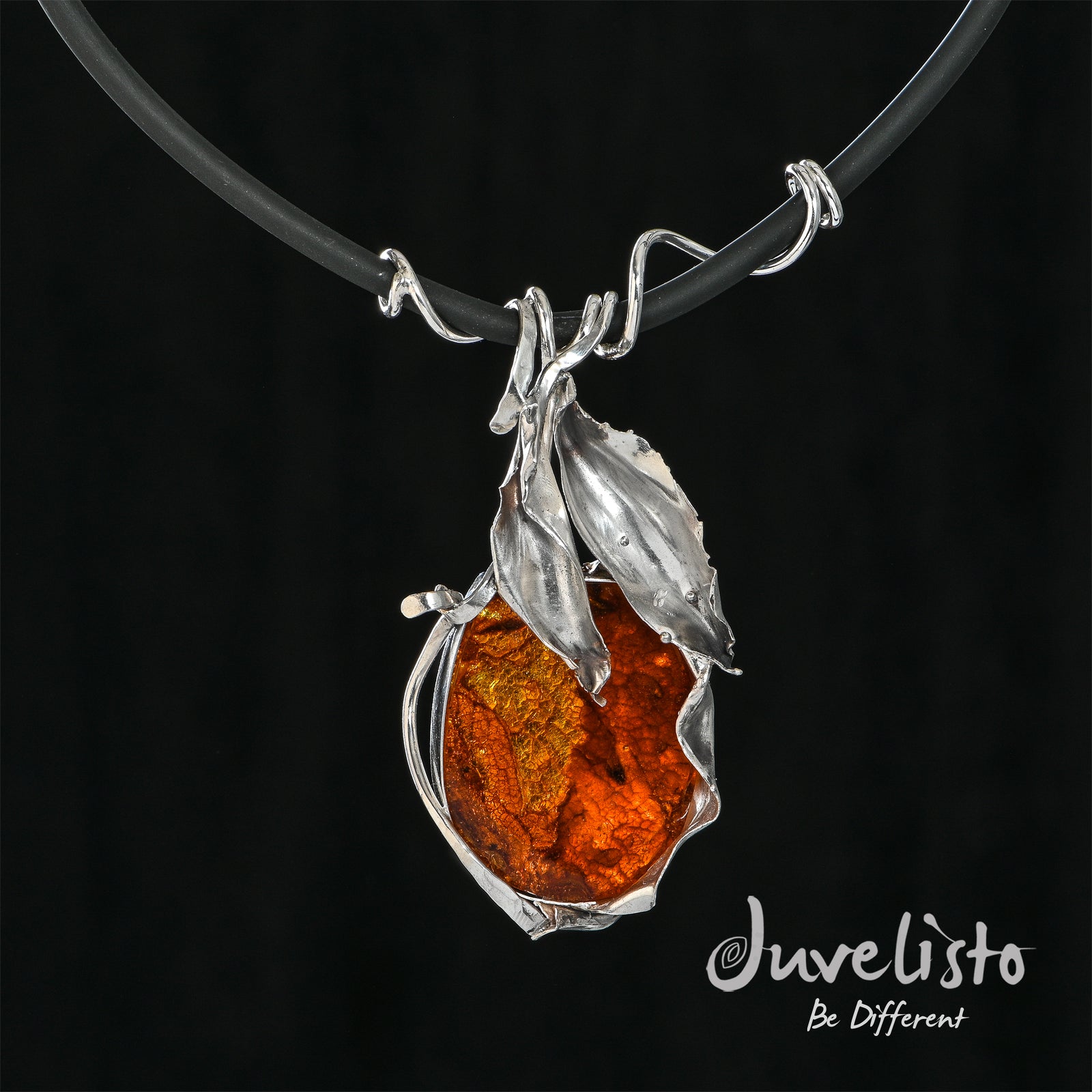 Juvelisto Design | Sterling Silver Vine Necklace w/ Leaf Pattern Amber on Thick Rubber Cord