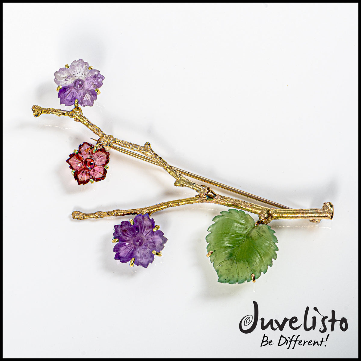 Juvelisto Design | Branch Brooch 14k Gold Blossoming  Amethyst, Red Spinel Flowers &amp; Nephrite Leaf