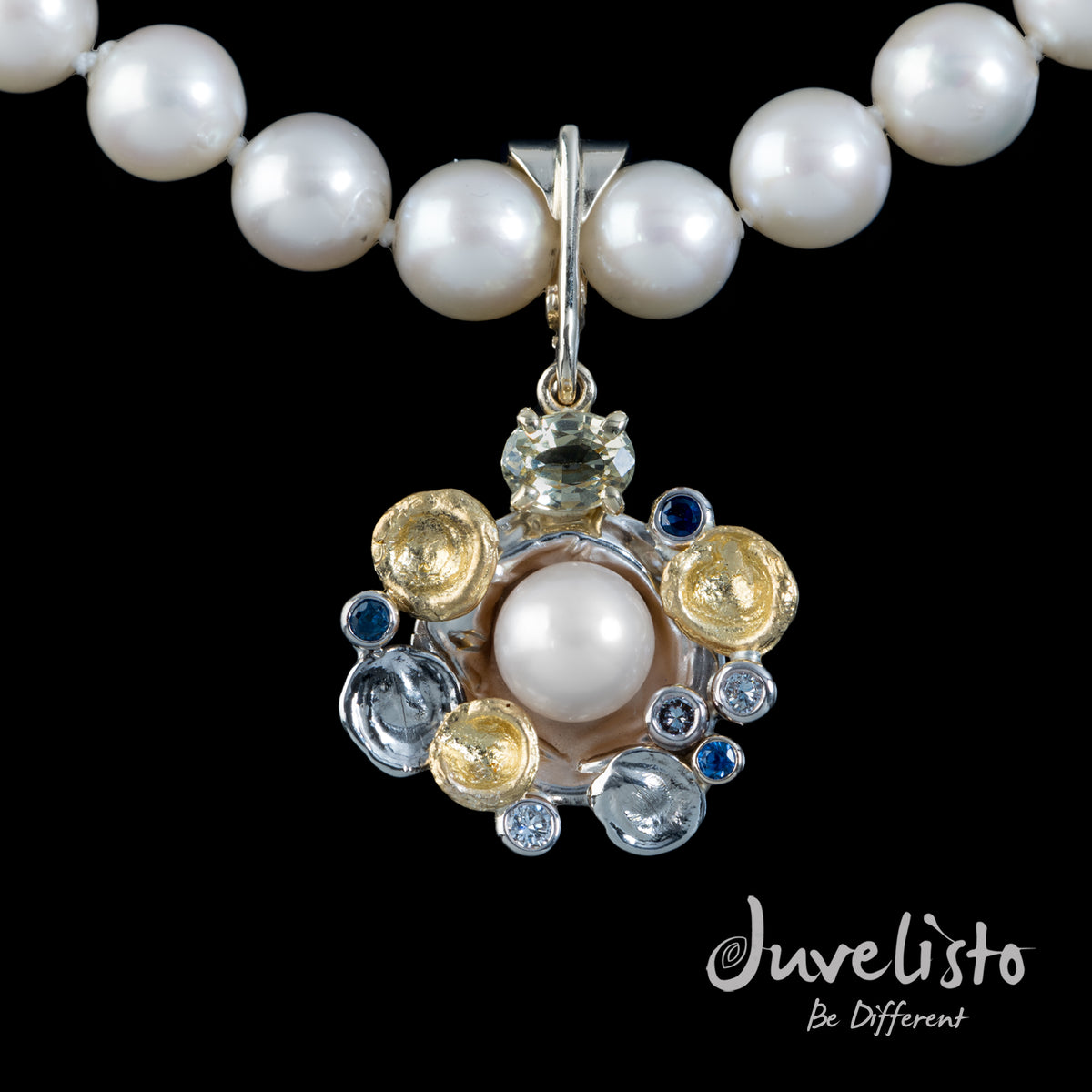 Juvelisto Design 18k White &amp; 24k Yellow Gold Pendant with Pearl, Sapphires &amp; Diamonds