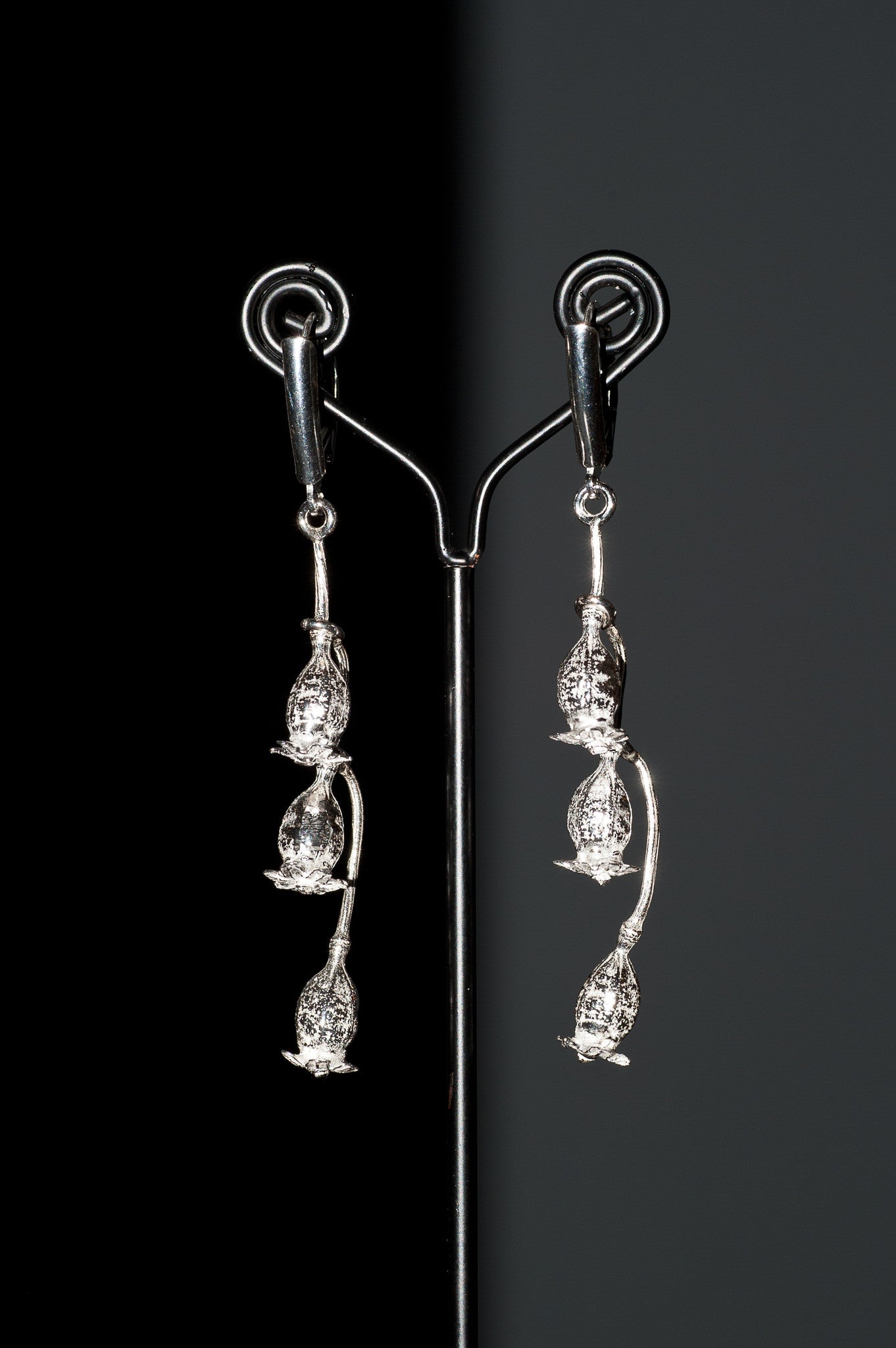 Juvelisto Design Triple Poppy Pod dangle earrings in Silver