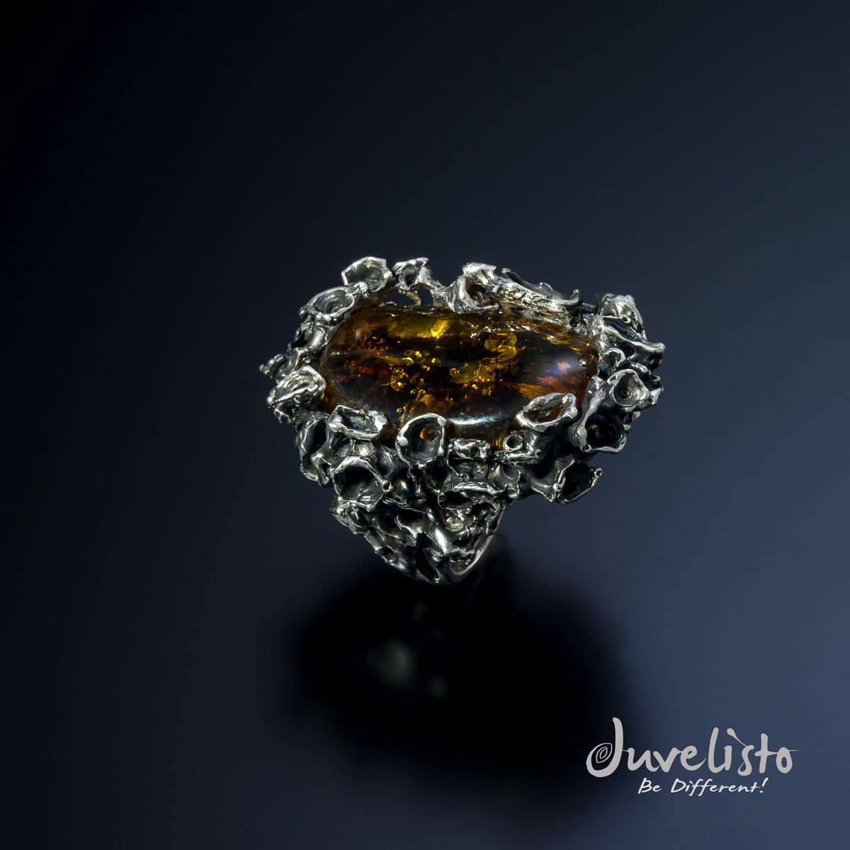 Barnacle Ring Silver with Baltic Amber JDORG042 - Juvelisto - Ring - Juvelisto Design