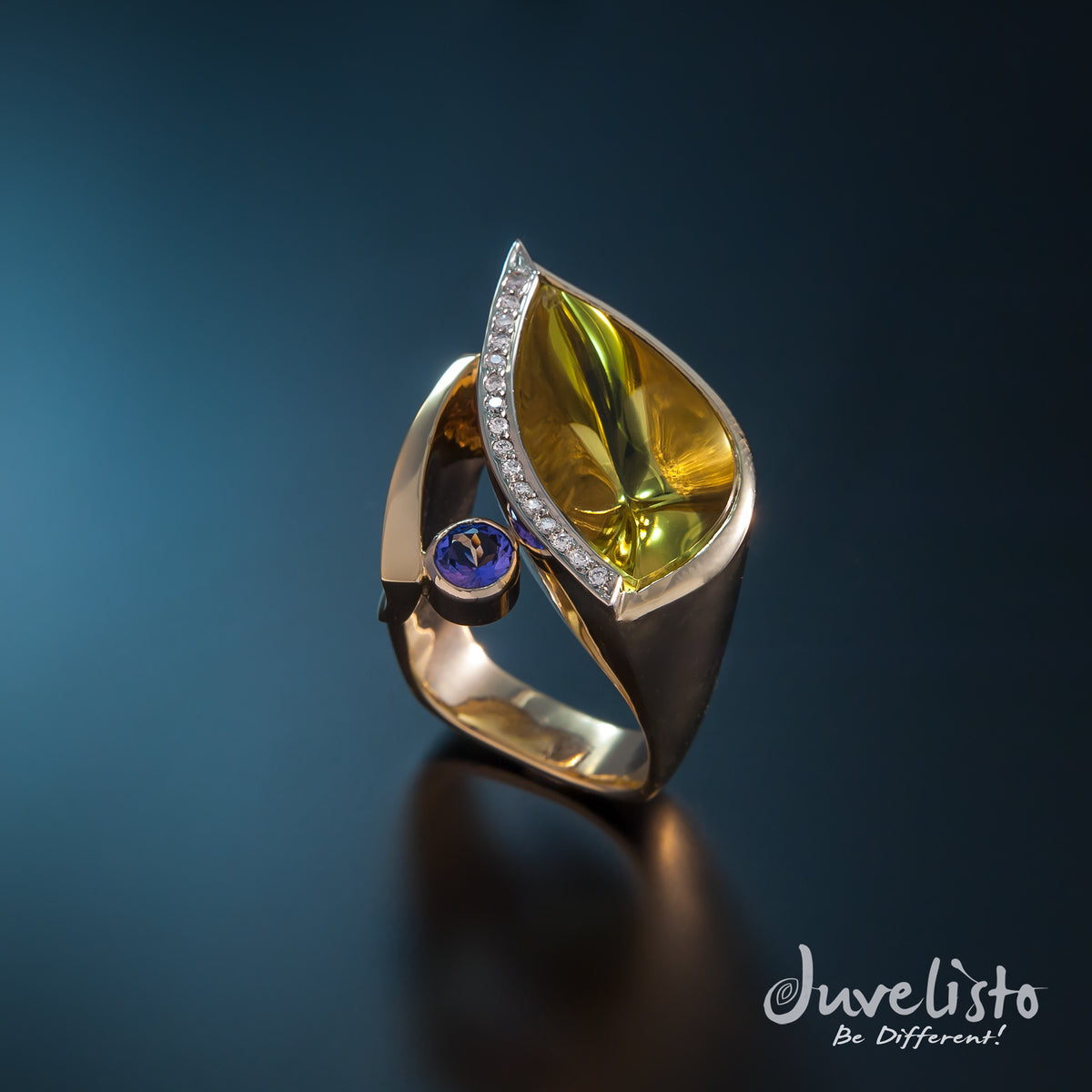14kt Gold Ring with Lemon Quartz, Tanzanite &amp; Diamonds - Juvelisto - Ring - Juvelisto Design