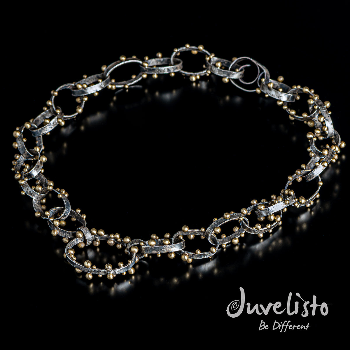 Juvelisto Design Sterling Silver Textured Link Necklace With Bronze accents and Spiral Clasp