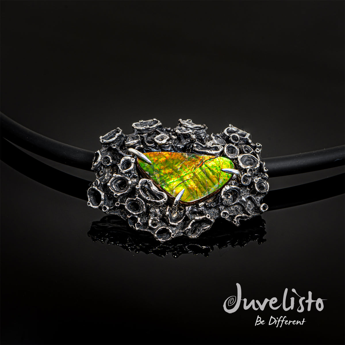 Juvelisto Design | Sterling Silver Barnacle Pendant with Ammolite on Black Collar