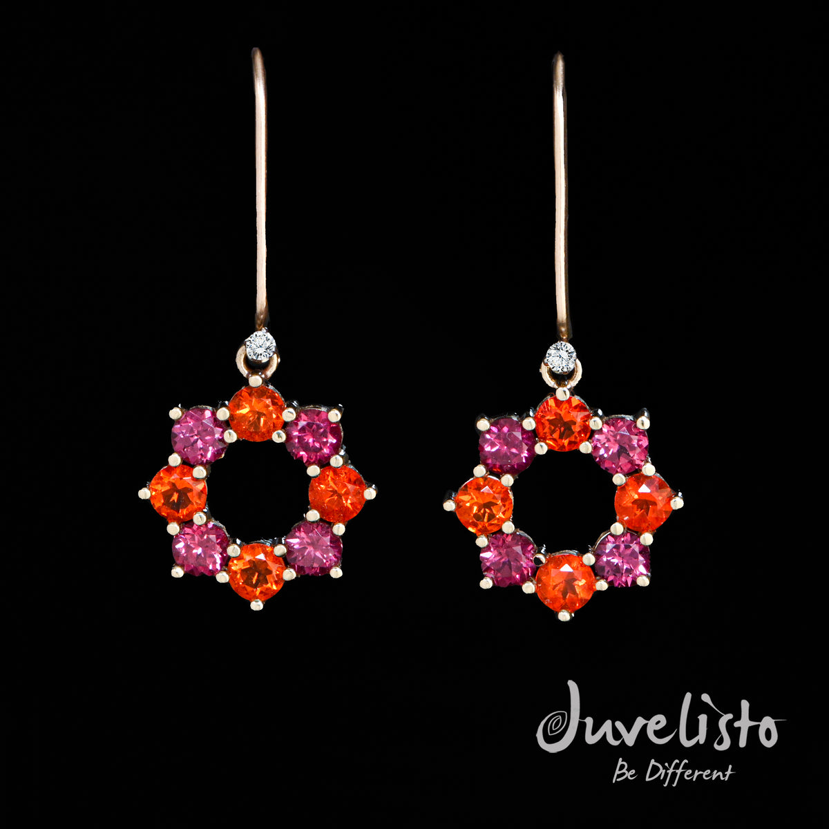 Juvelisto Design | 14K Gold Earrings with Fire Opals and Purple Garnets in a flower setting with Diamonds