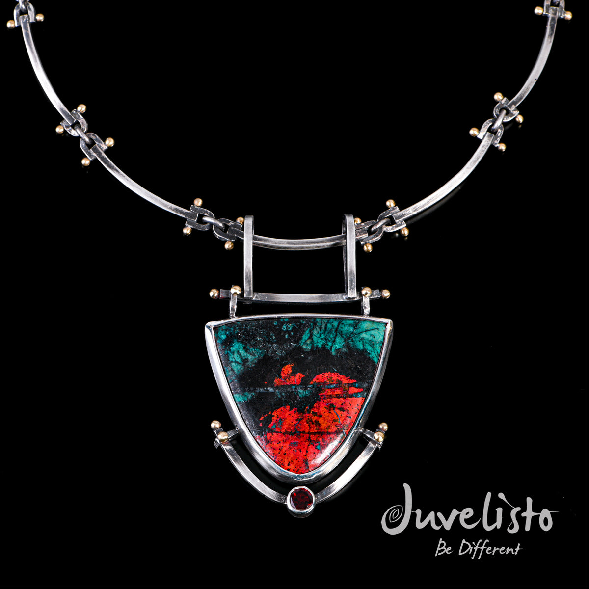 Juvelisto Design Vancouver Silver and Bronze Industrial Statement Necklace with Chrysocolla Cuprite and Garnet