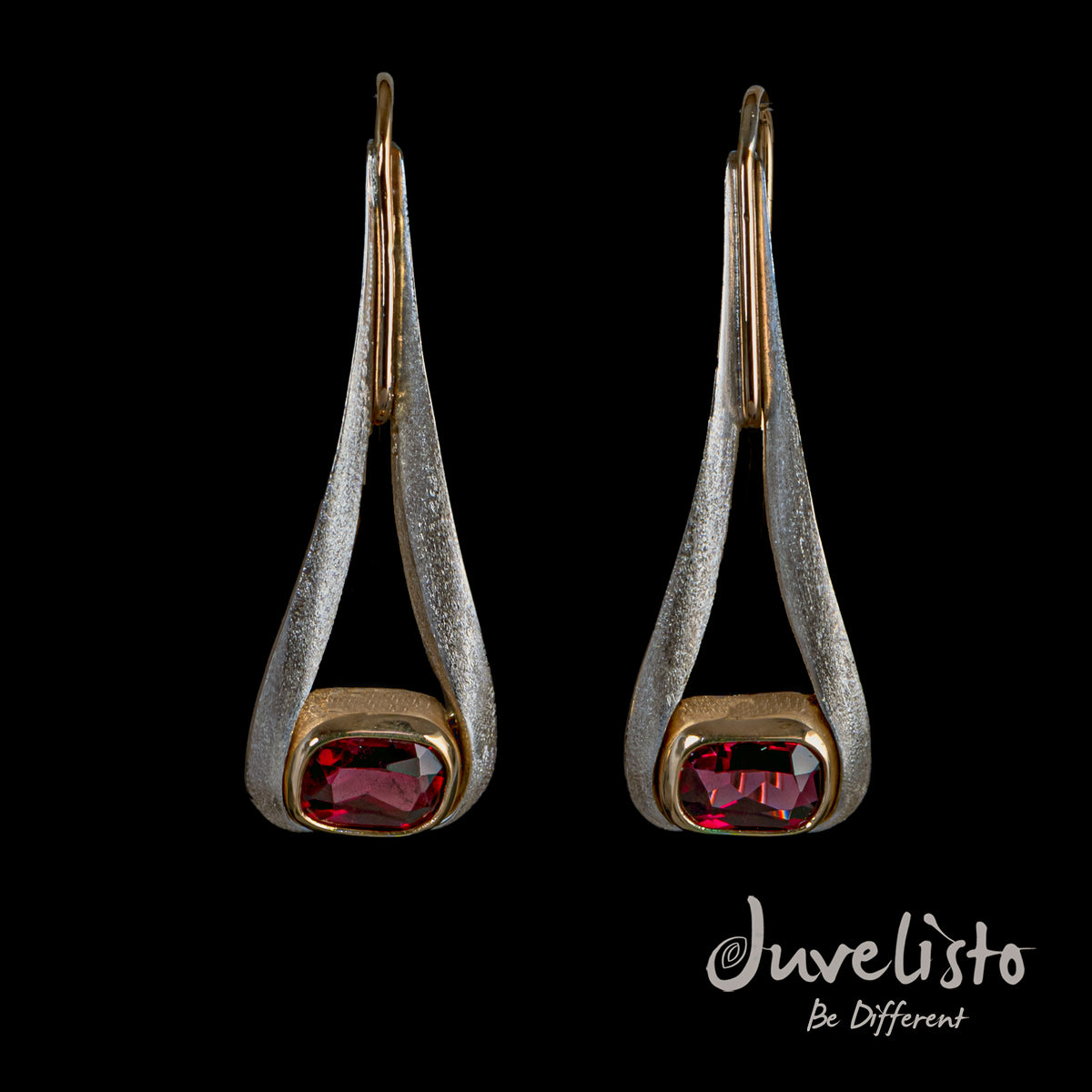 Juvelisto Design | Sterling Silver and 14K gold Earrings with Faceted Rhodolite Garnets