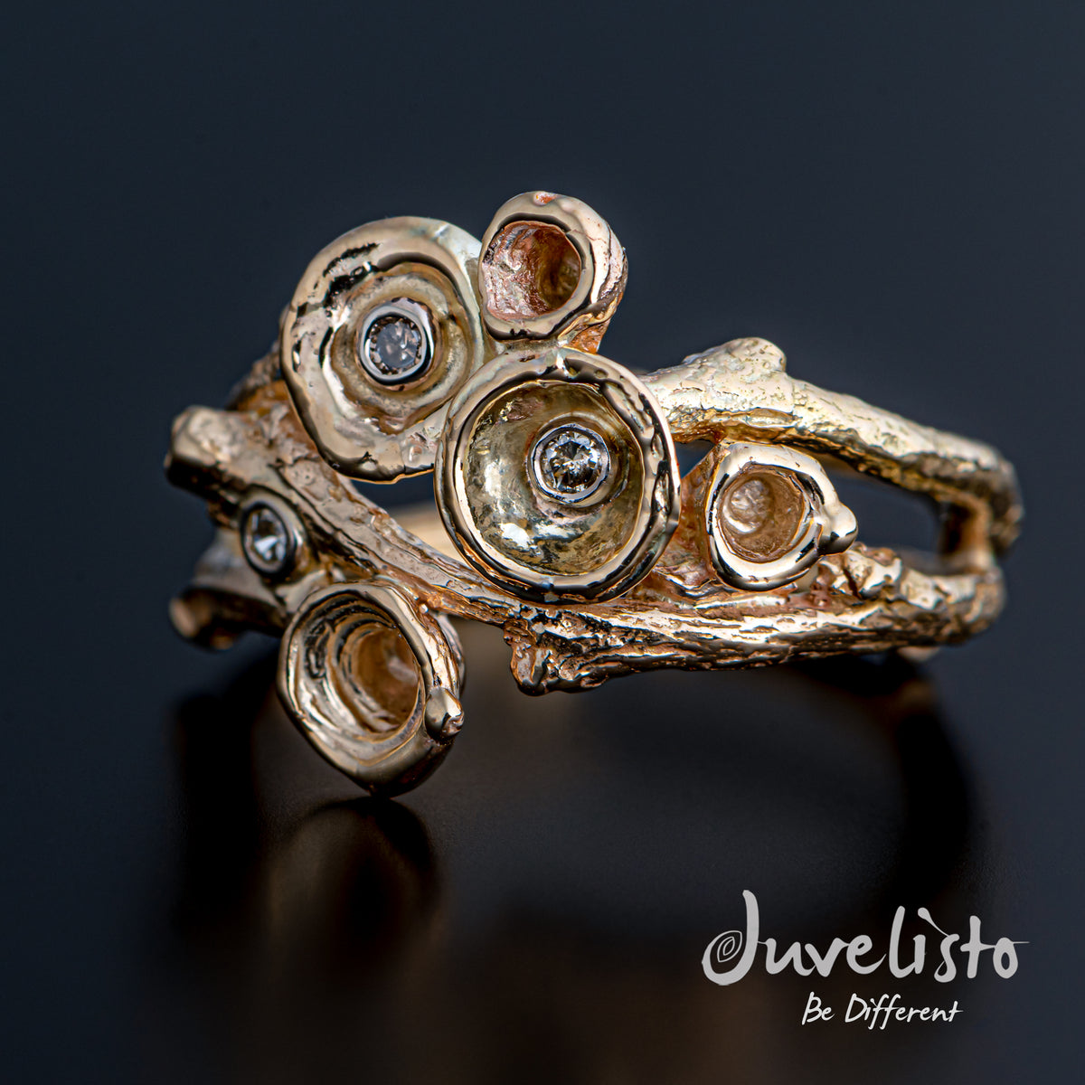 Juvelisto Design 14K Yellow Gold Branch &amp; Barnacle Ring w/ Diamonds