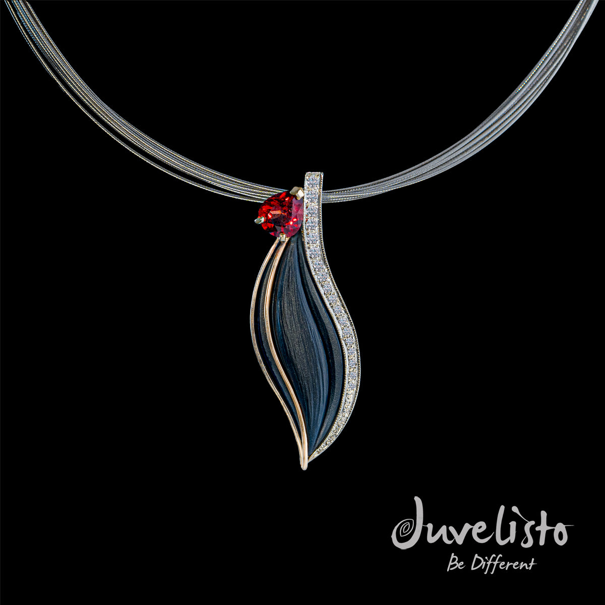 Juvelisto Design | 14K Two Tone Black Onyx Gold Pendant with Garnet And Diamonds