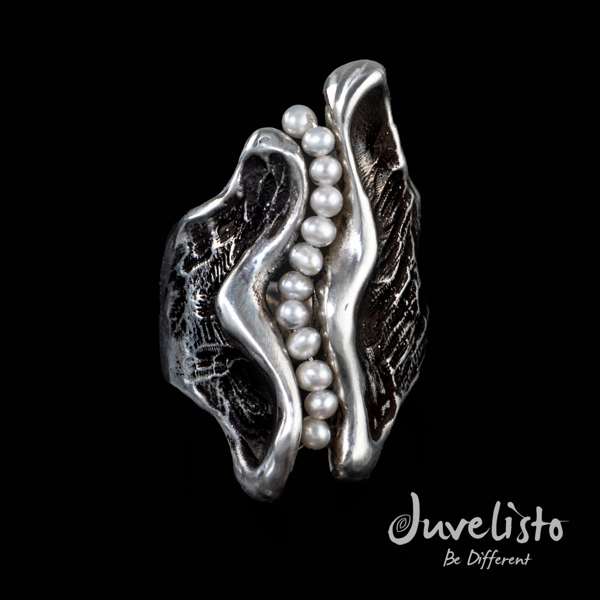 Organic Sterling Silver Statement Ring With Pearls