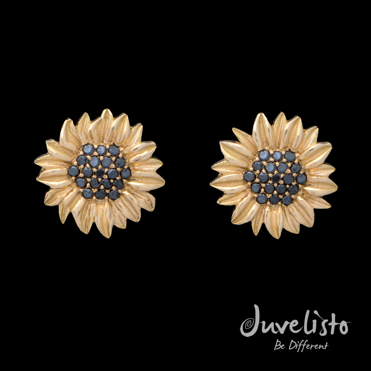 Juvelisto Design | 18K Gold Sunflower Earrings with Black Diamonds
