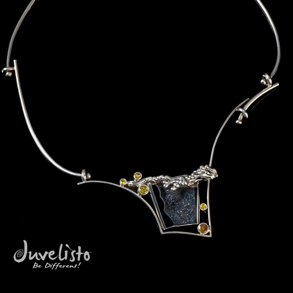 Juvelisto Design Asymmetrical Silver Necklace with Sphenes and Black Agate Druzy
