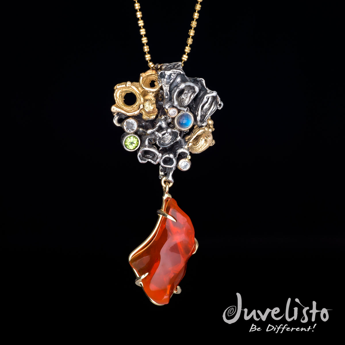 Juvelisto Design  Mexican Fire Opal Gold and Silver Pendant with Peridot, Moonstone, and Diamonds