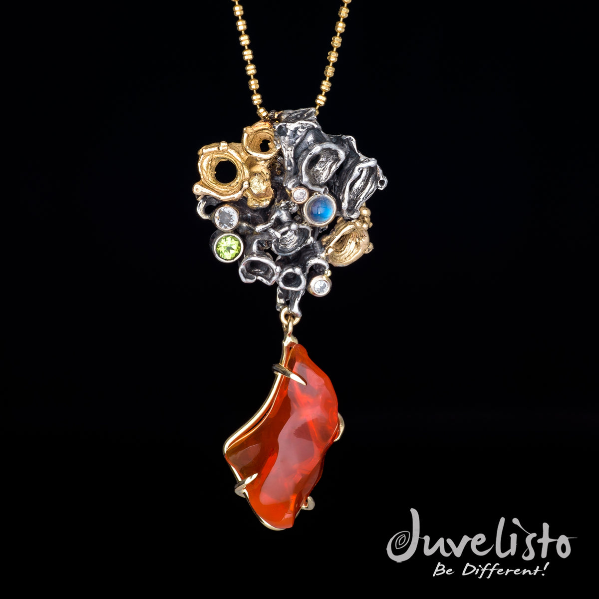 Juvelisto Design | Mexican Fire Opal Gold and Silver Pendant with Peridot, Moonstone, and Diamonds