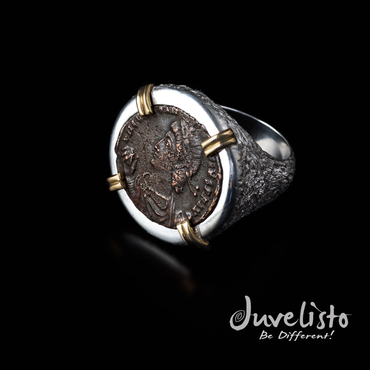 Juvelisto Design  Roman Empire Coin in Sterling Silver Ring w/ 14K Gold Claws