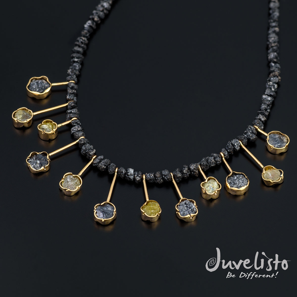 Juvelisto Design  Necklace of Raw Diamonds12 Multi Colored Druzy Diamonds 14K YG