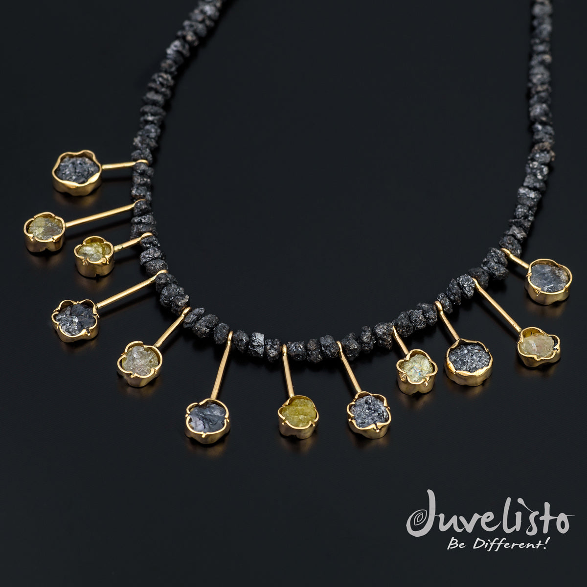 Juvelisto Design | Necklace of Raw Diamonds12 Multi Colored Druzy Diamonds 14K Yellow Gold