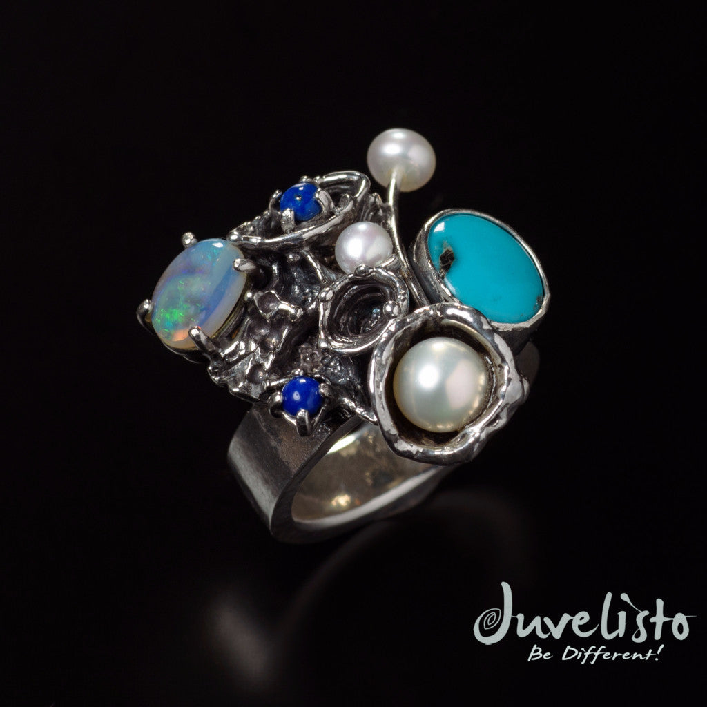 Juvelisto Design  Sterling Silver Barnacle Multi Stone and Opal Ring
