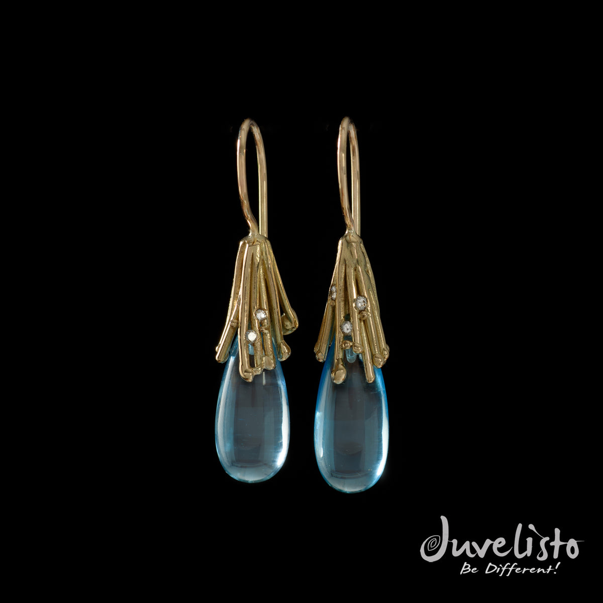 Juvelisto Design  Blue Topaz Teardrop &amp; Diamonds 14kt Yellow Gold Earrings