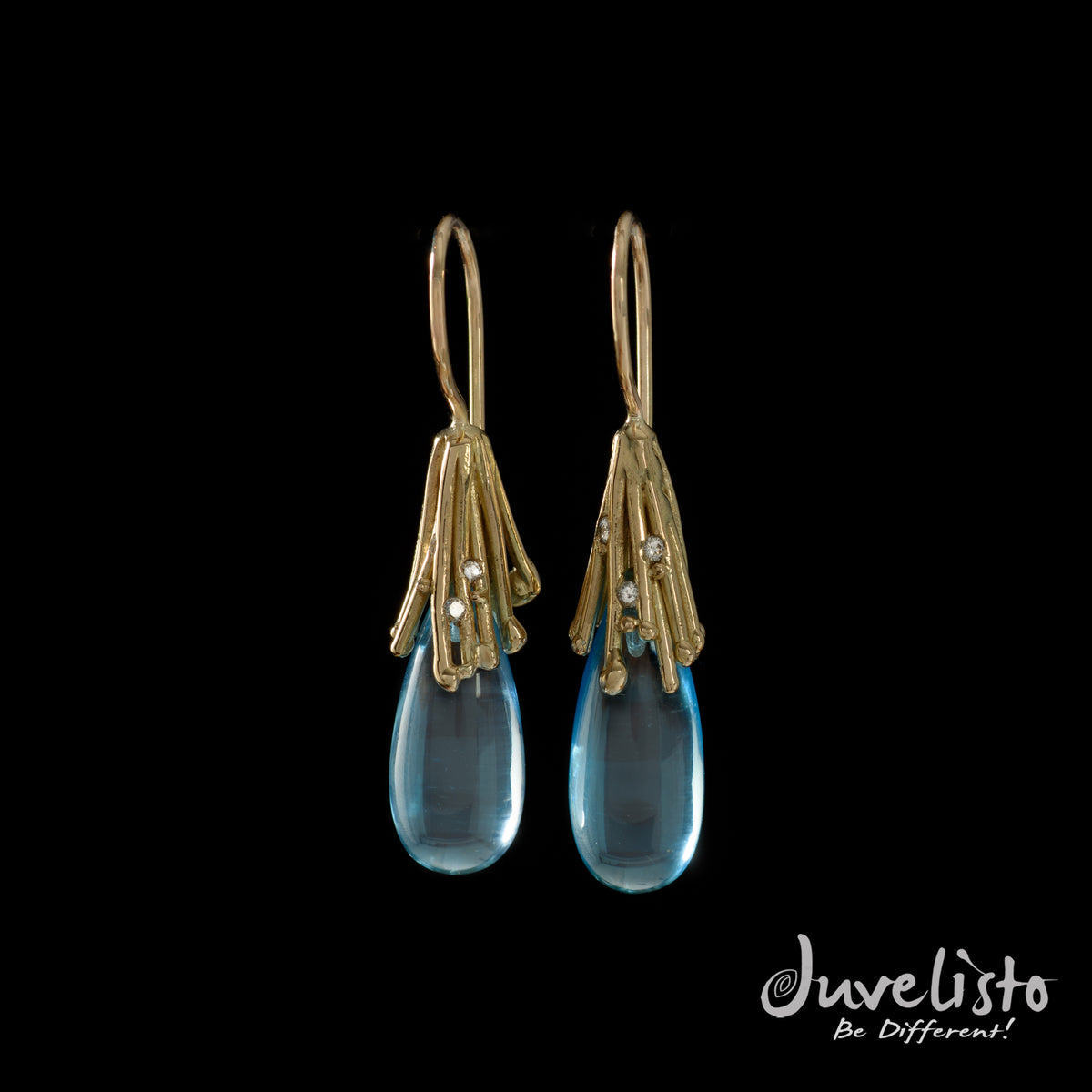 Juvelisto Design | Blue Topaz Teardrop &amp; Diamonds 14kt Yellow Gold Earrings