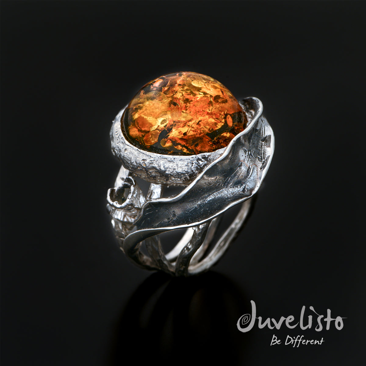 Juvelisto Design Baltic Amber Ring with Sterling Silver Acorn Leaf Setting