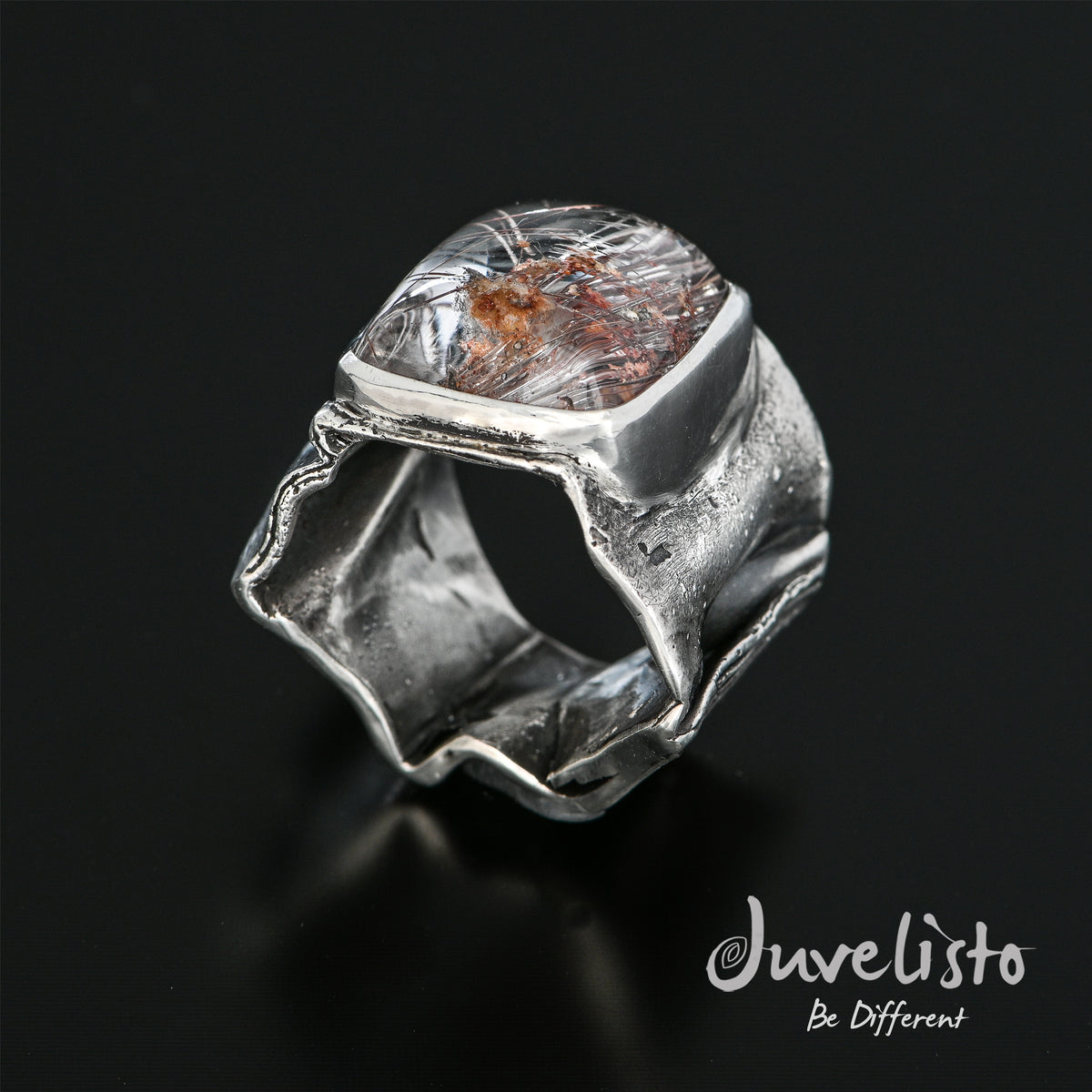 Juvelisto Design  Sterling Silver Folded Ring w/ Rutilated Quartz