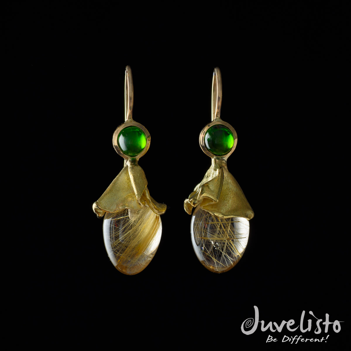 Juvelisto Design Rutilated Quartz &amp; Chrome Diopside 14kt Yellow Gold Earrings