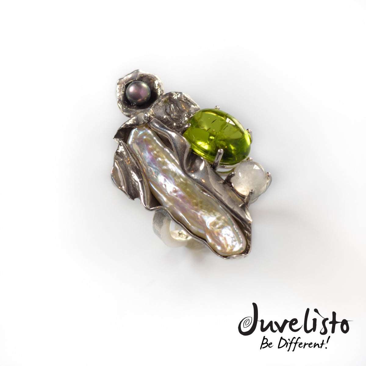 Juvelisto Design  Sterling Silver Fold Formed Pearl Peridot Ring