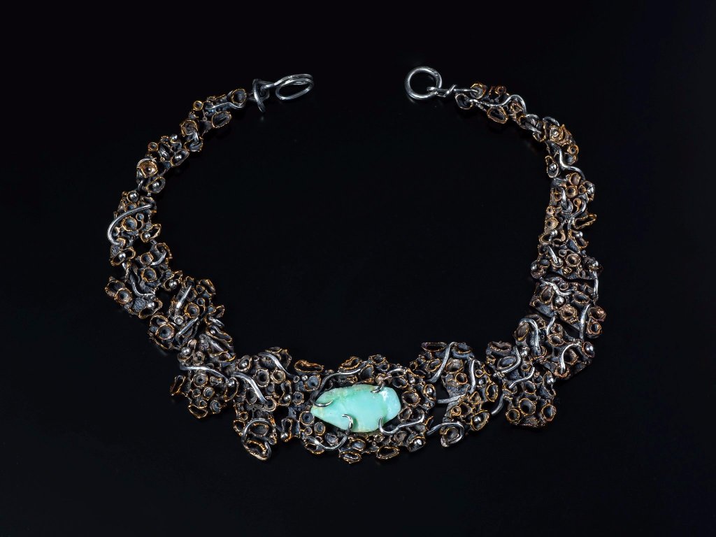 Bronze, Silver, and Chrysophrase Barnacle Necklace by Juvelisto