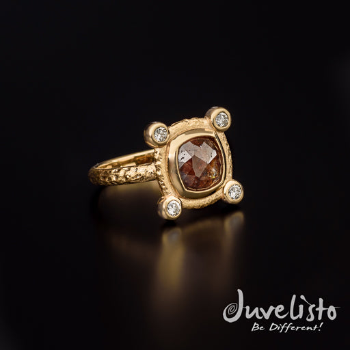 Juvelisto Design  Rose Cut Chocolate Diamond with Four Diamonds in 14kt Yellow Gold Ring