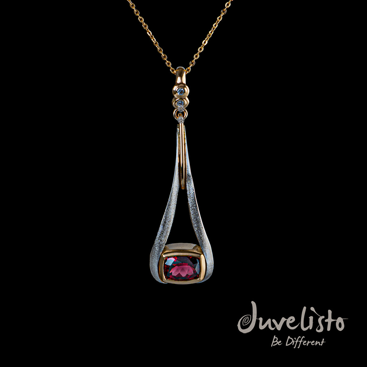 Juvelisto Design Sterling Silver Pendant with 14K Yellow Gold, Rhodolite Garnet  and diamonds