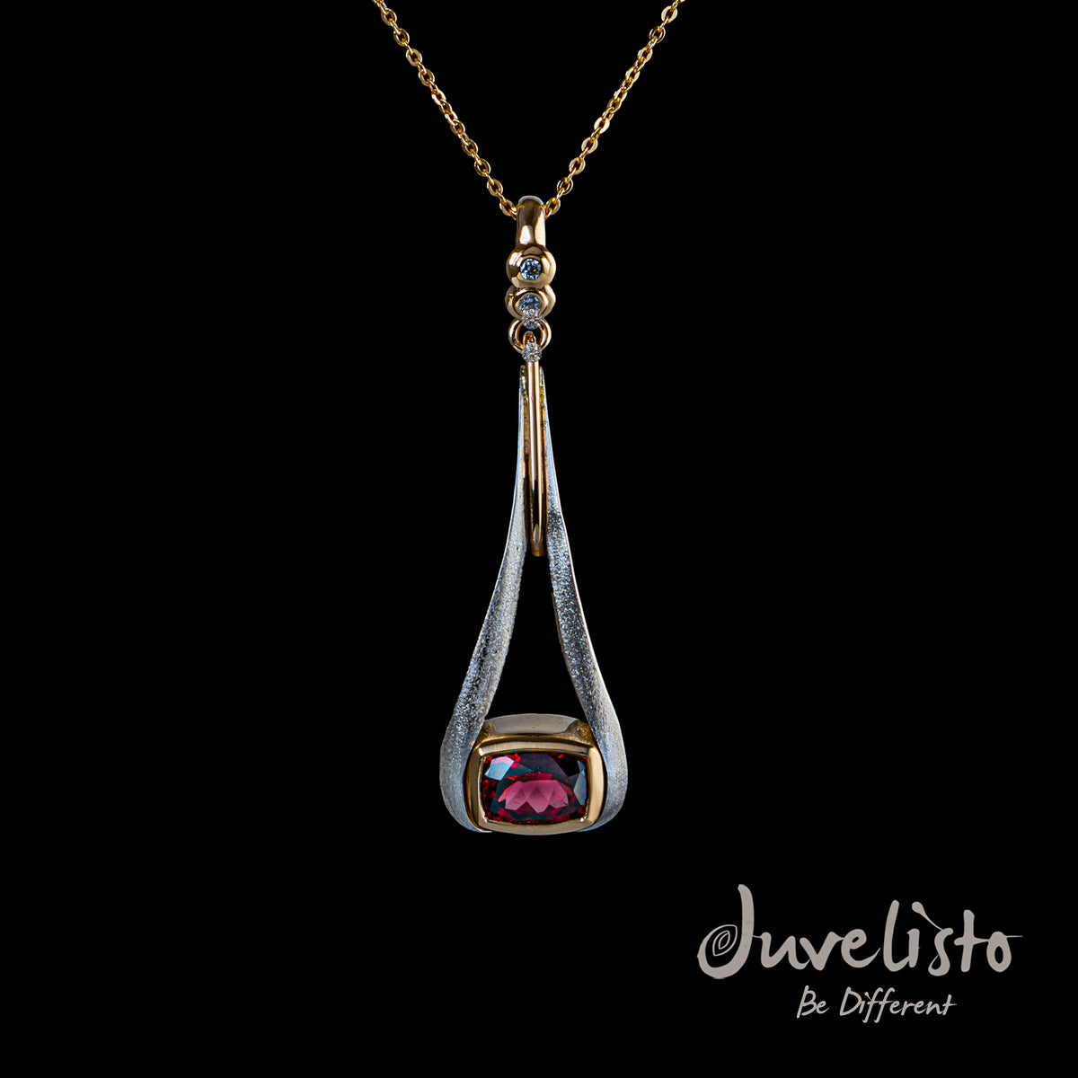 Juvelisto Design | Sterling Silver Pendant with 14K Yellow Gold, Rhodolite Garnet  and diamonds