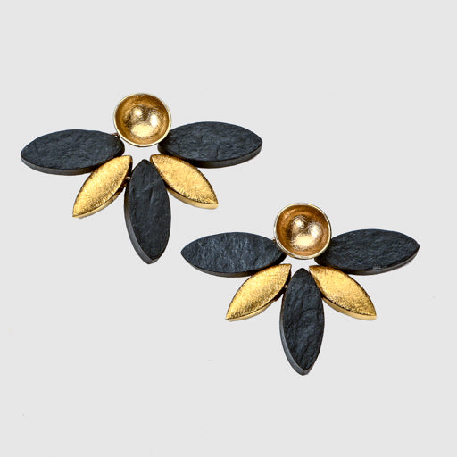 Juvelisto Design  Black Onyx and Gold Plated Marquis Flower Earrings