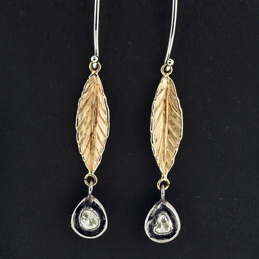 Earrings - JDC 18kt YG Leaves &amp; Sterling Silver W Diamond Slice Earrings