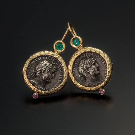Earrings - JDC Coin Earrings Gold And Silver With Emeralds And Pink Diamonds