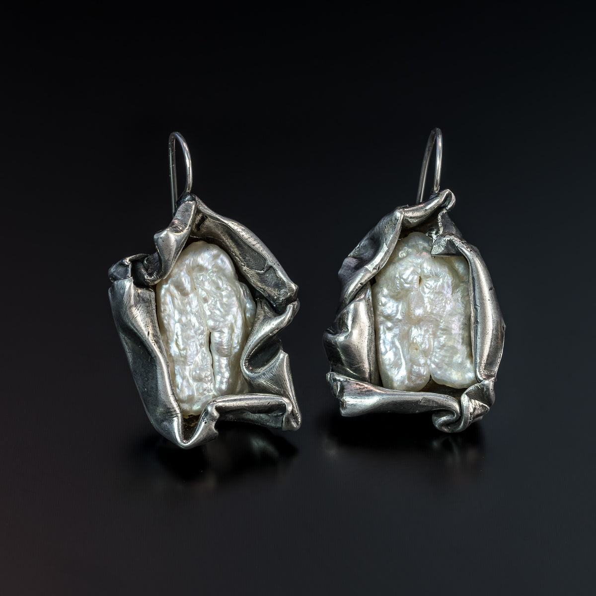 Earrings - JDC Folded W Freshwater Pearl Sterling Silver Earrings