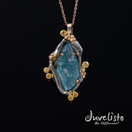 Pendant - JD Pendant With Raw Aquamarine Nugget And Yellow Sapphires. 14k White And Yellow Gold. JDGP043
