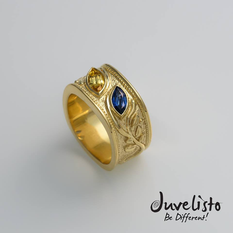 Ring - JDC 18K Yellow Gold Ring Marquise Cut Yellow &amp; Blue Sapphires