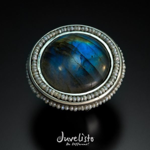 Ring - JDC Labradorite Cabochon W 2 Rows Of Seed Pearls Sterling Silver Ring