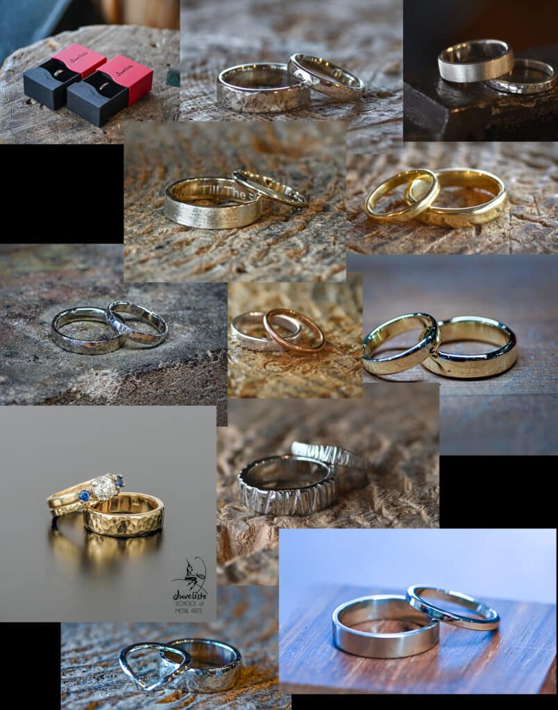 A collection of wedding bands made by couples at Juvelisto, showing different shapes, metals and finishes